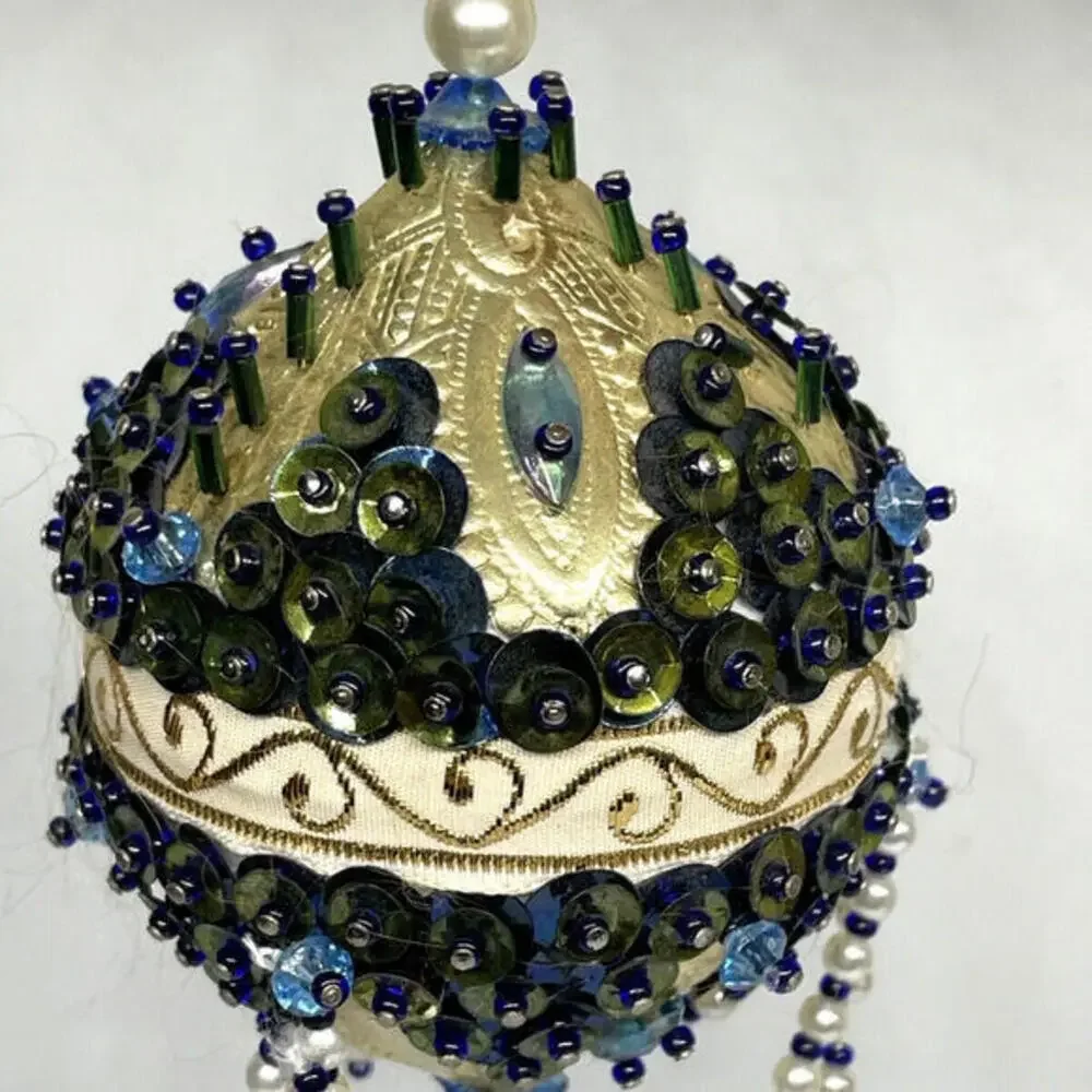 Iridescent Green Gold Beaded‎ Push Pin Chandelier Christmas Ornament MCM Vintage